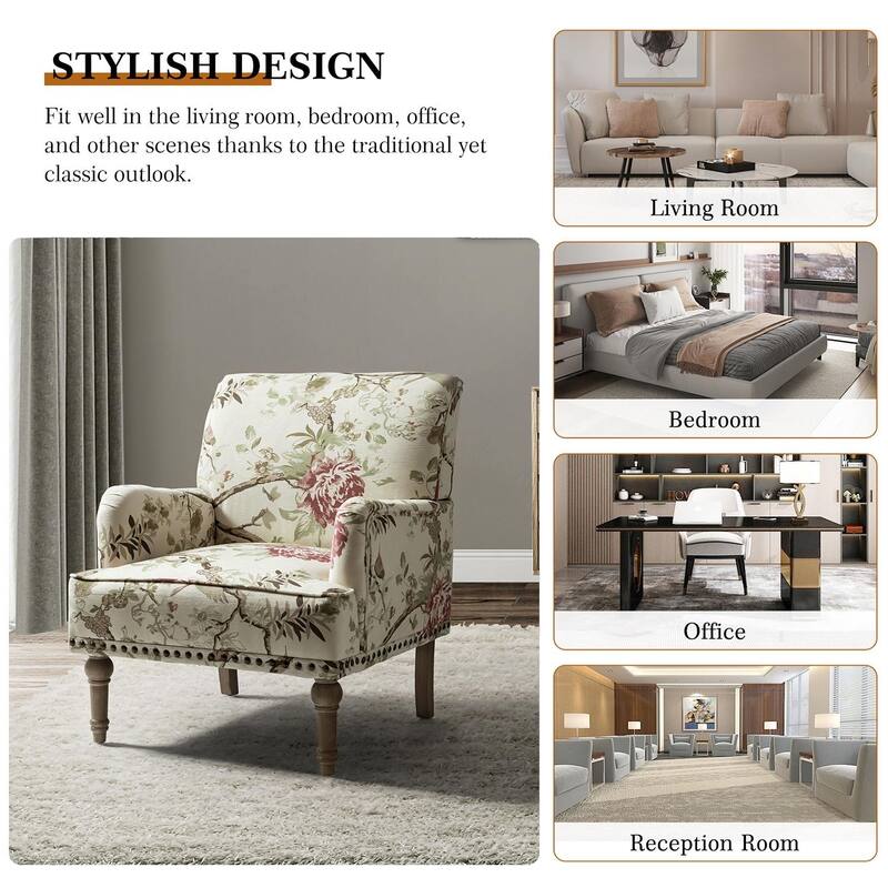 Pavia Traditional Floral Fabric Design Upholstered Accent Armchair with Nailhead Trim Set of 2 by HULALA HOME