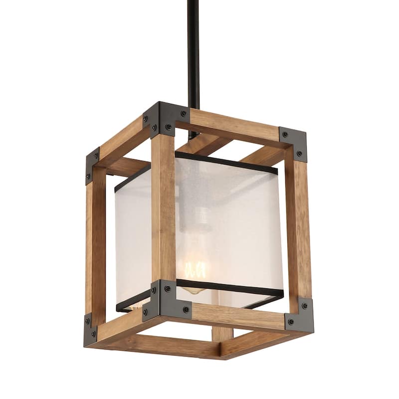 Anmytek 1-Light Farmhouse Wood Square Pendant Light Fabric Shade Kitchen Island Lights for Dining Room - 8" L x 8" W x 10" H