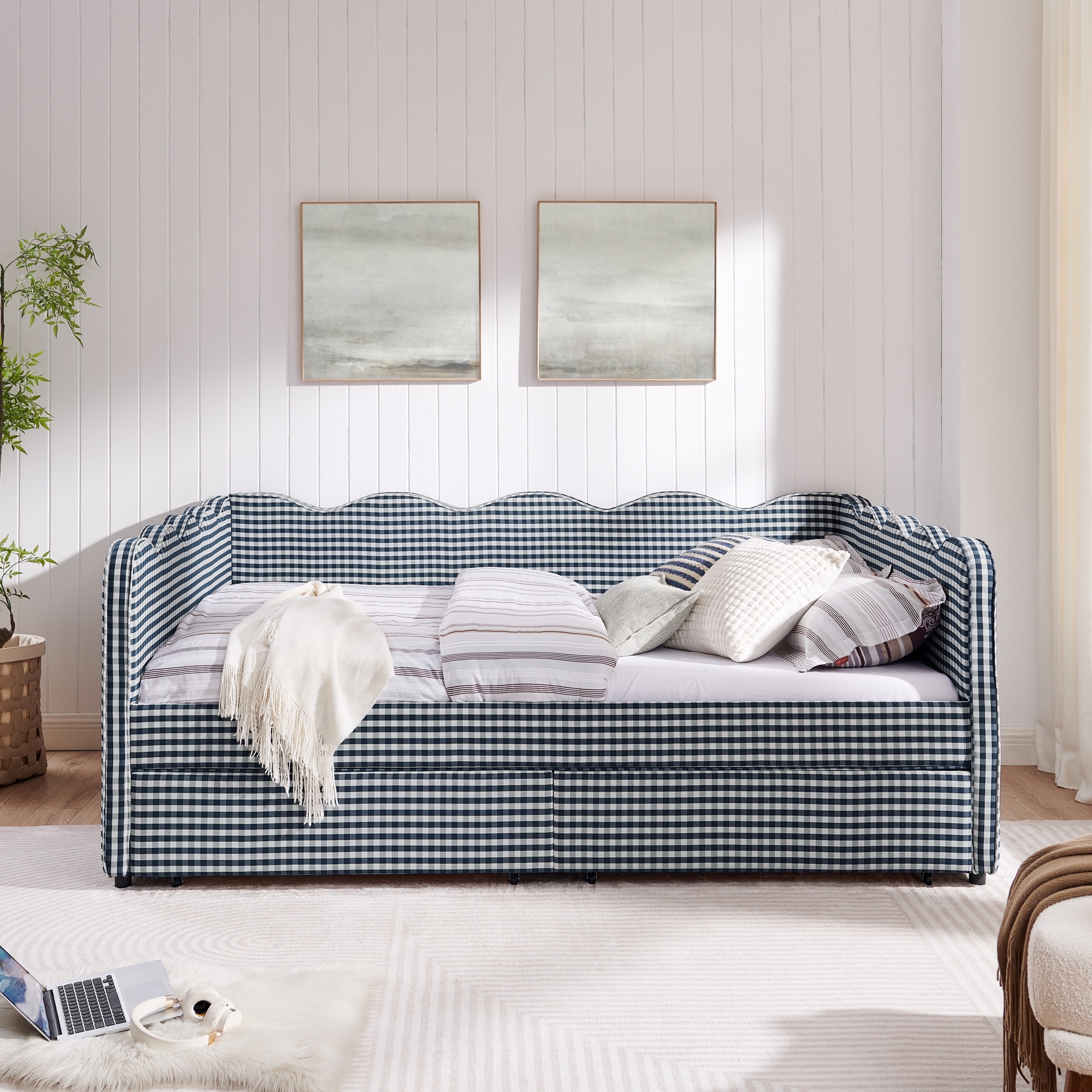 Queen Size Daybed Two Storage Drawers USB Port Wave Shaped Design