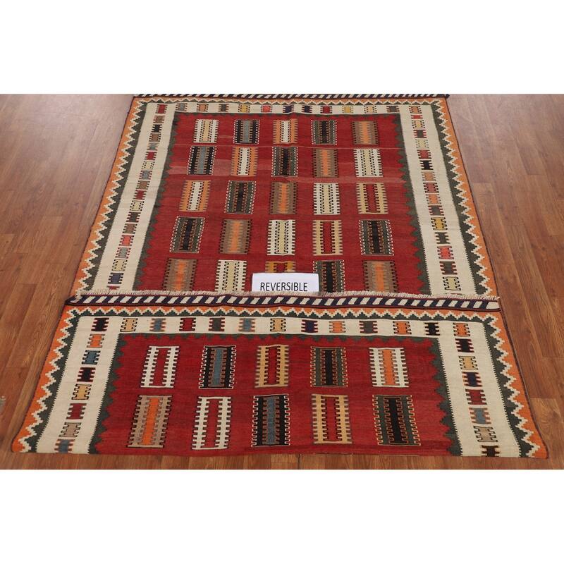 Red Kilim Qashqai Persian Vintage Rug Flatweave Wool Carpet - 5'3"x 8'2"