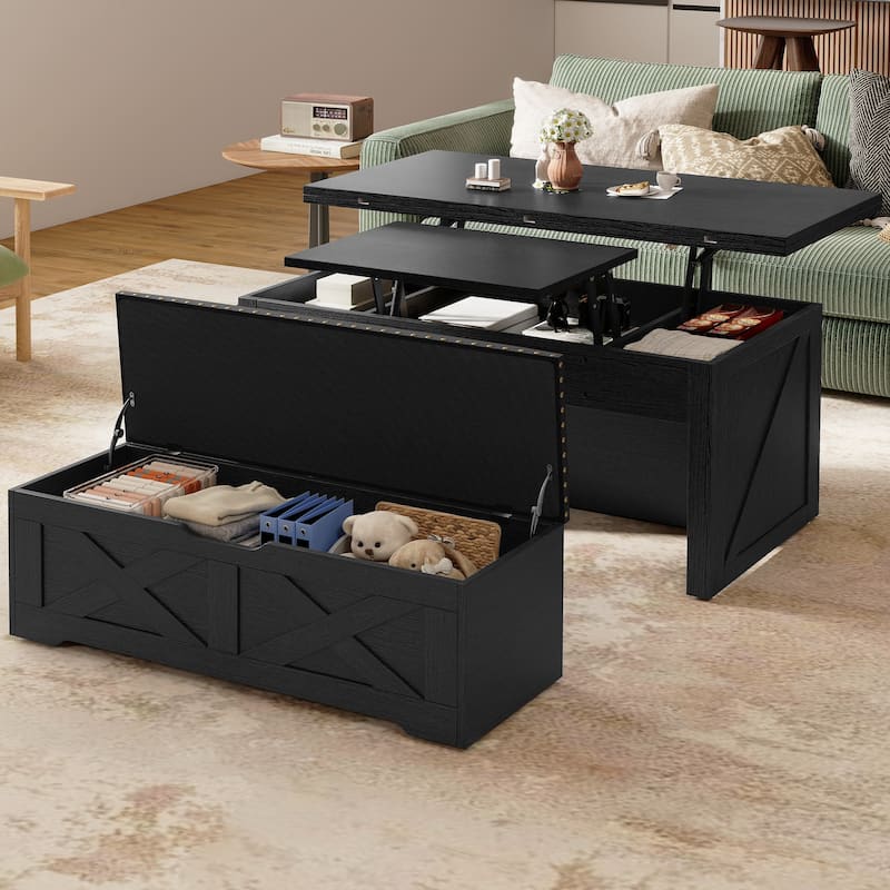 Moasis Wood Lift-Top Coffee Table Wheeled Dinning Center Table Set with Padded Ottoman - Black