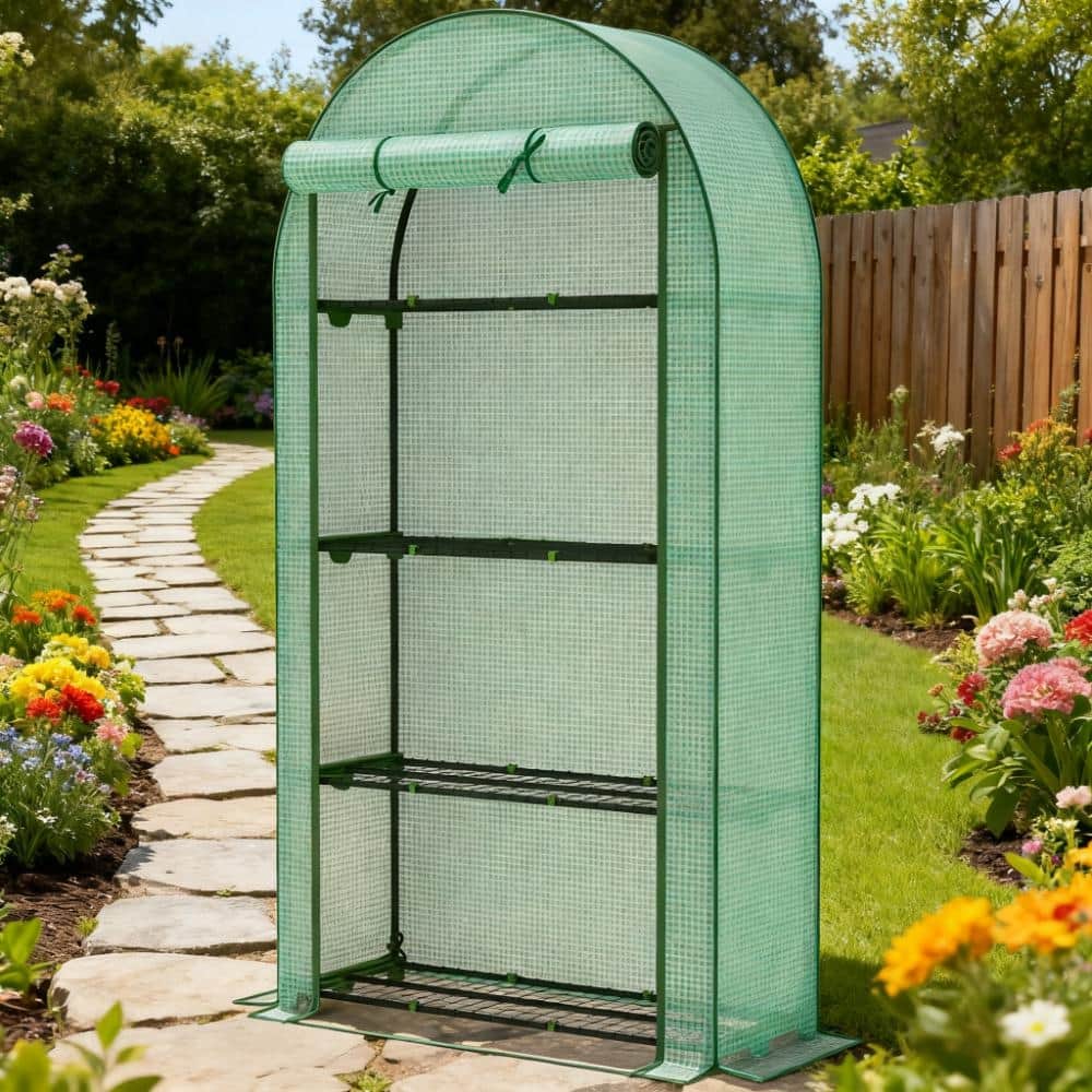 GDFStudio - Lean-To Portable Greenhouse with 4-Tier Shelves, UV-Resistant Cover & Roll-Up Door for Patio and Backyard Gardening