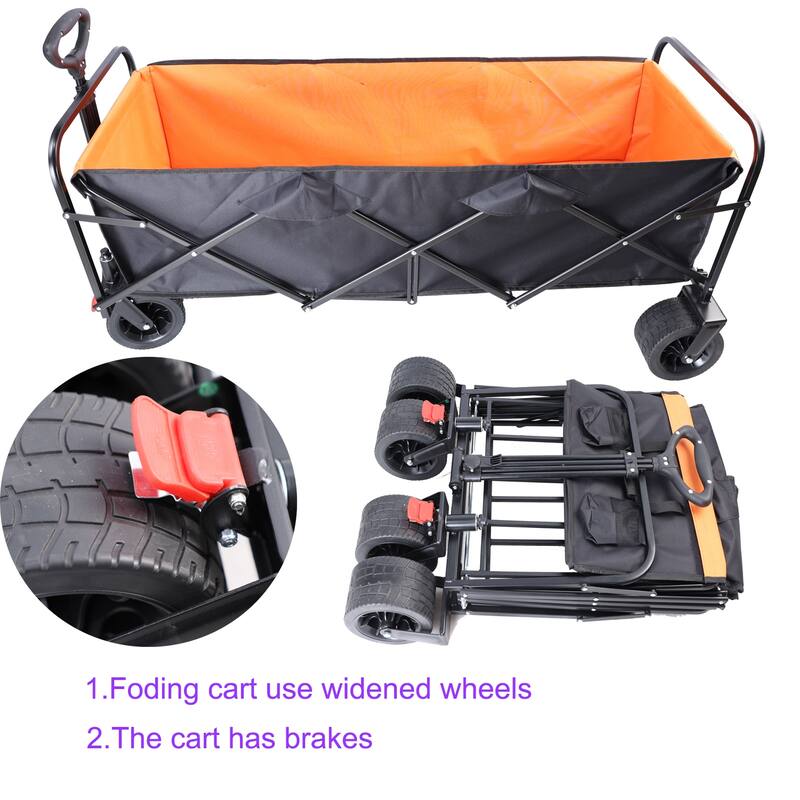 Extra-Long Folding Wagon Cart - Large Capacity Garden & Beach Hauler, Black & Orange