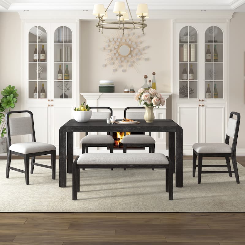 6-Piece Vintage Extendable Dining Table Set for 4-6 with 4 Upholstered Chairs & Bench, Rustic Wire-Brushed Kitchen Table