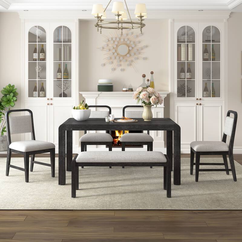 Roomfitters Extendable Dining Table Set for 4-6, Farmhouse Table with Upholstered Chairs & Bench, Rustic Curved Design