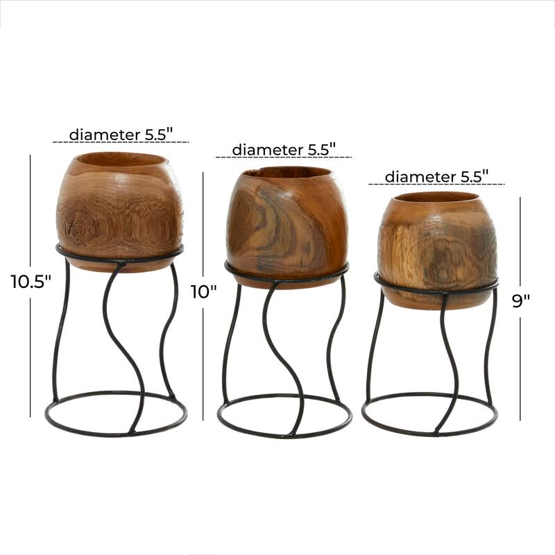 Teak Wood Handmade Planter with Wavy Removable Stand - Set of 3 Brown - Roche River Decor - 6"W x 6"L x 9"H