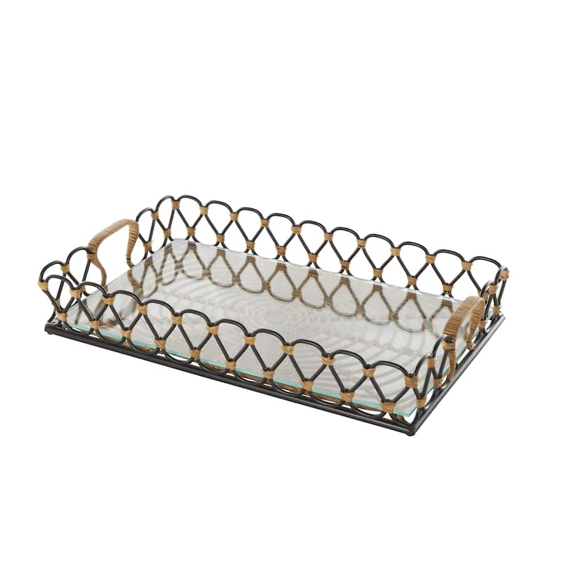 Metal Circular Woven Living Room Decor Tray with Glass Base - Black - Roche River Decor