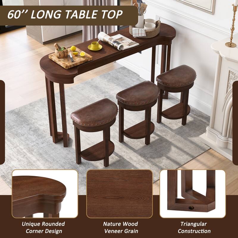 4 Piece Bar Table Set with 3 PU Upholstered Bar Stools, Breakfast Table with 3 Padded Stools Solid Wood Counter Height