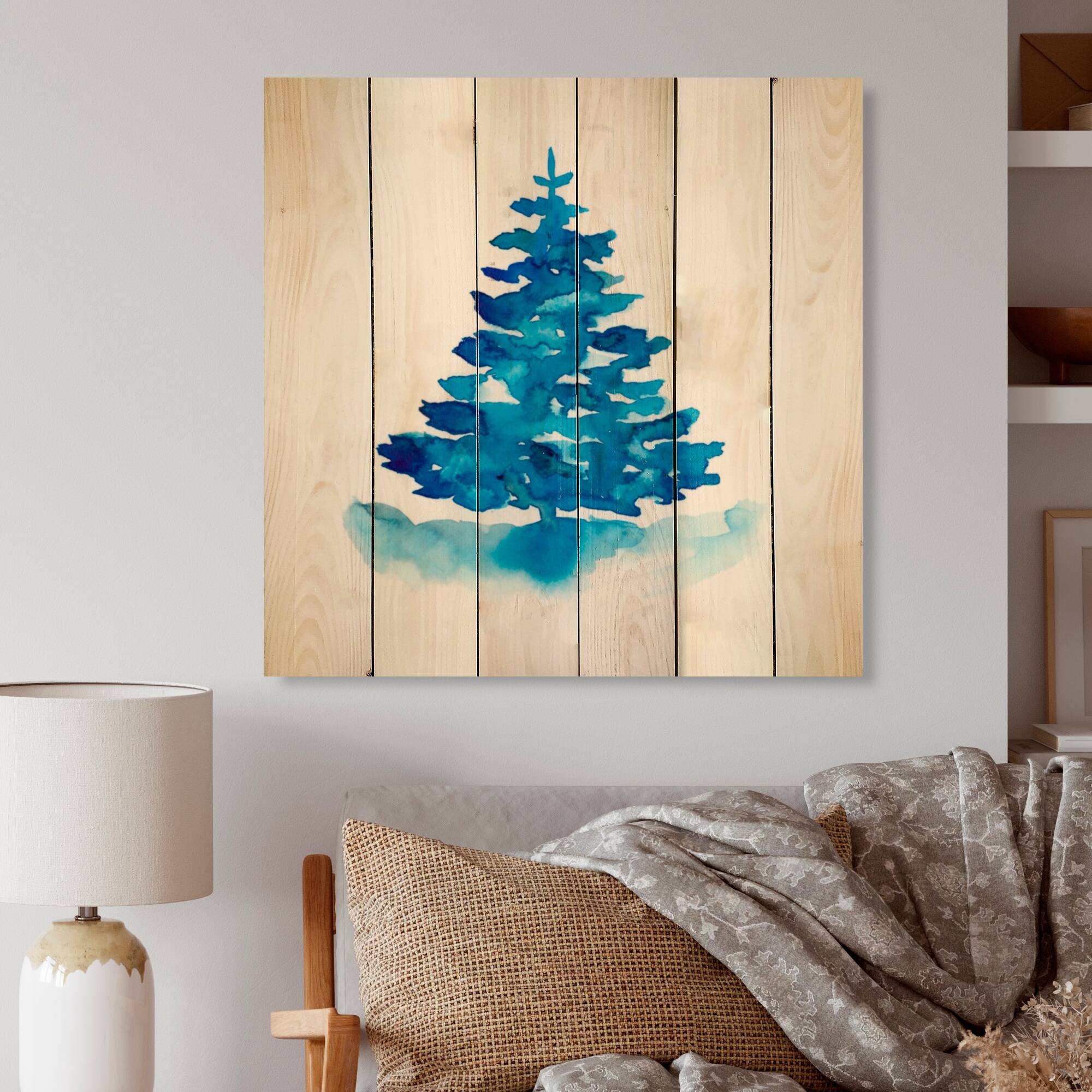 Designart 'Blue Winter Christmas Tree I' Traditional Wood Wall Art ...