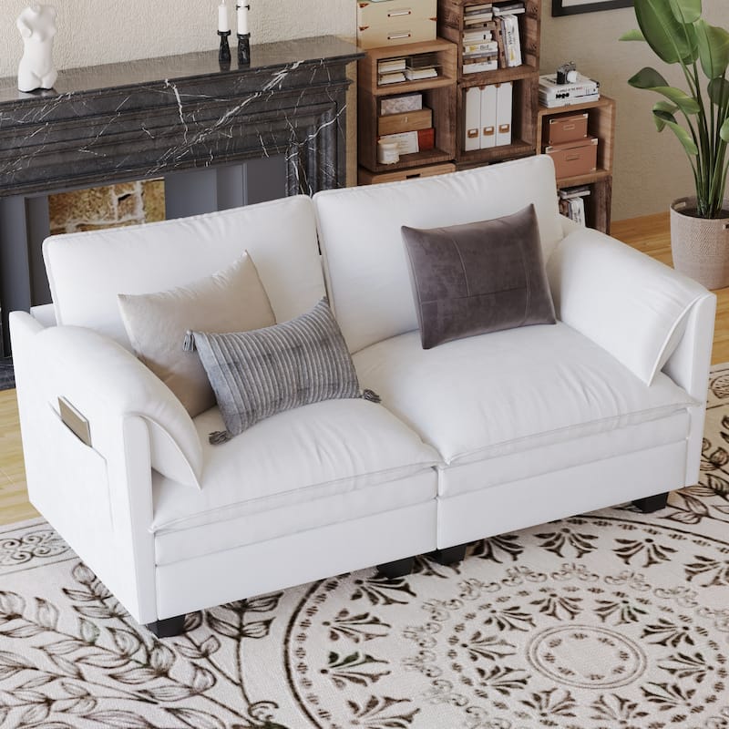Solid Wood Loveseat Sofa, Fabric Upholstered Straight-Row 2 Seat Sofa, Lounge Sofa with Armrests for Small Spaces, Bedroom