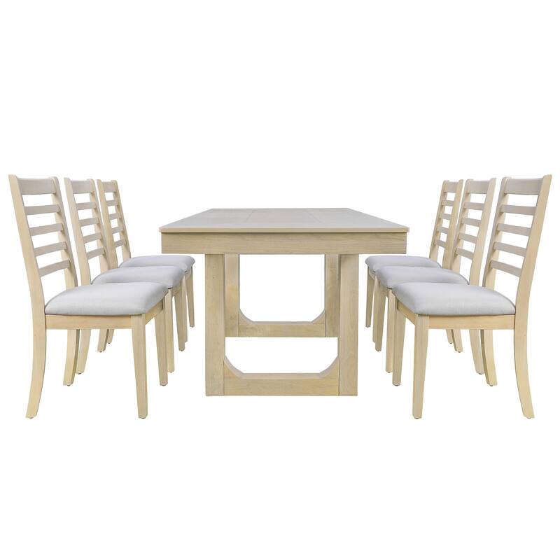 7 Piece Wood Extendable Dining Table Set with 6 Upholstered Chairs