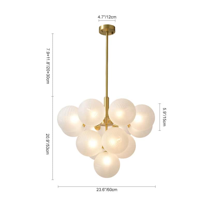 Modern Mid-century Brass Frosted Ribbed Glass Glass Bubble Chandelier