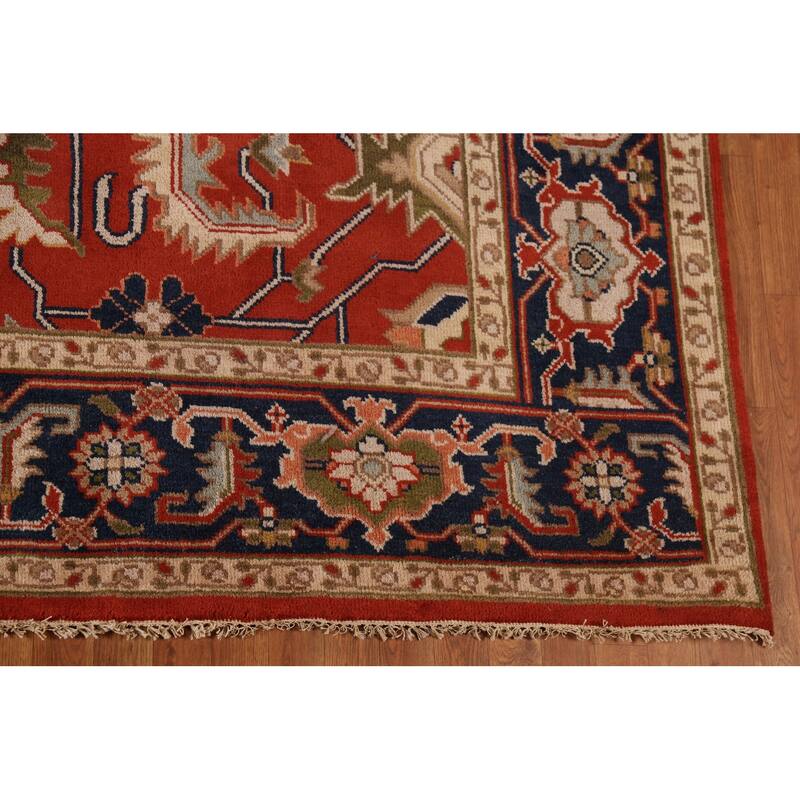 Floral Heriz Serapi Indian Large Area Rug Hand-Knotted Wool Carpet - 8'11"x 17'11"
