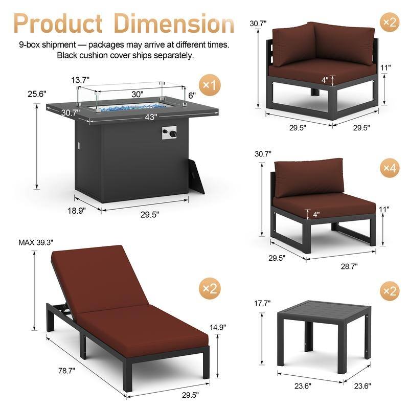 11-Piece Luxury Aluminum Outdoor Furniture Set with Chaise Lounge & Fire Pit Table, 29" Deep Seating Aluminum Patio Sectional