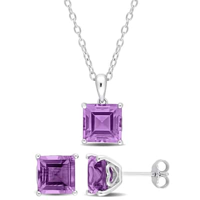 Miadora 6 3/4ct TGW Square Amethyst Set of Necklace and Earrings in Sterling Silver