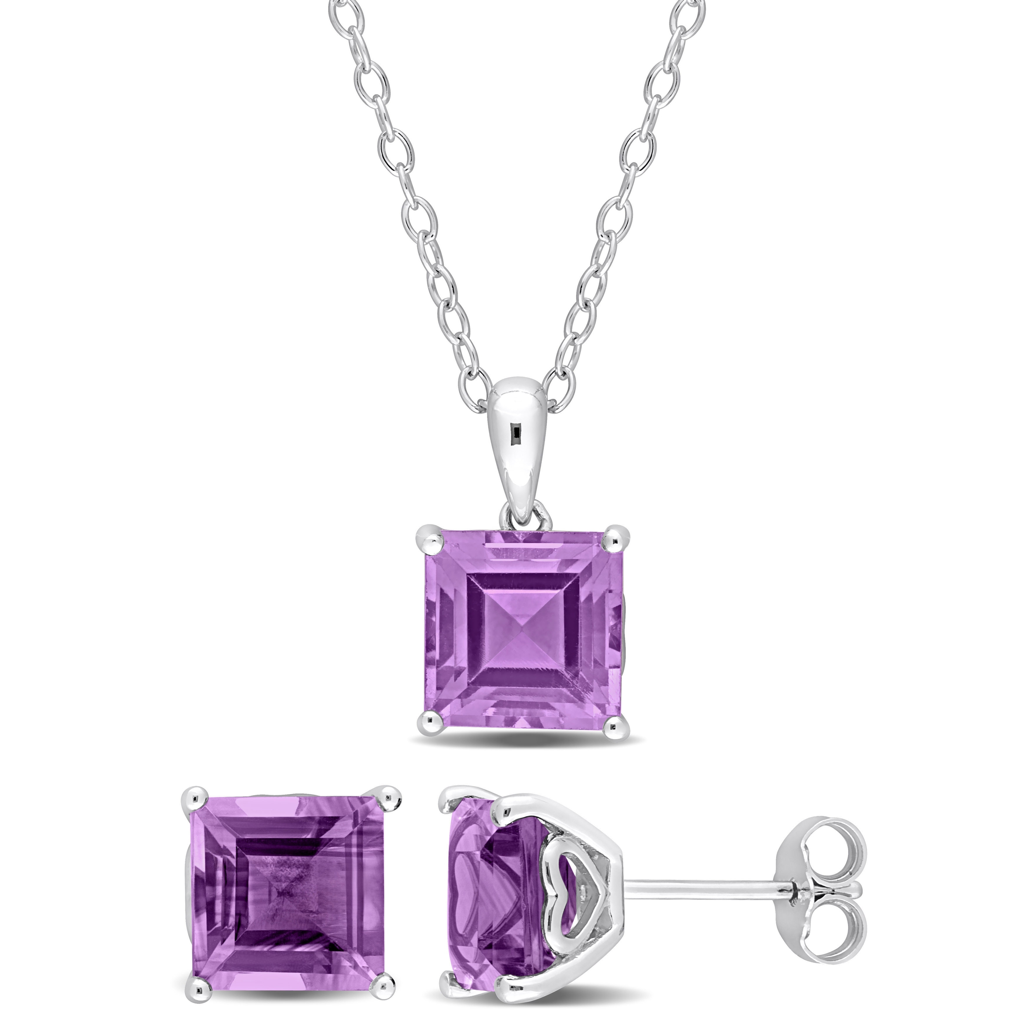 Miadora 6 3/4ct TGW Square Amethyst Set of Necklace and Earrings in Sterling Silver
