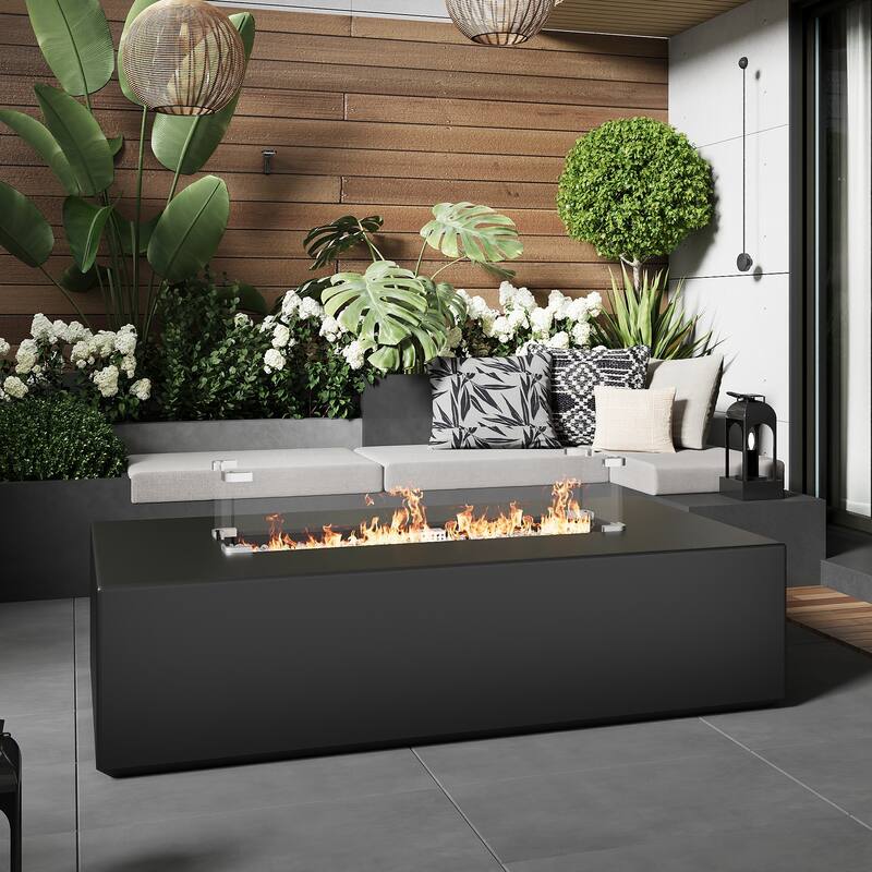 3-Piece Outdoor Propane Rectangle Fire Pit With Tank Table, Wind Glass