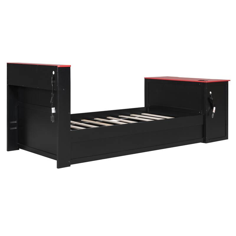 Wood Daybed with Trundle & Built-in Desk, LED Lights & USB Charging Port, Available in Full or Twin