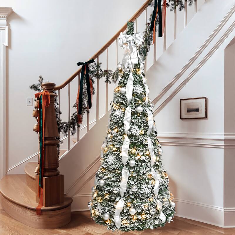 Pop-Up Christmas Tree with 150 Warm White UL Lights - Pre-Decorated with Red & Gold Ornaments, Flowers, Ribbons & Bows - Green+White - 7 Foot