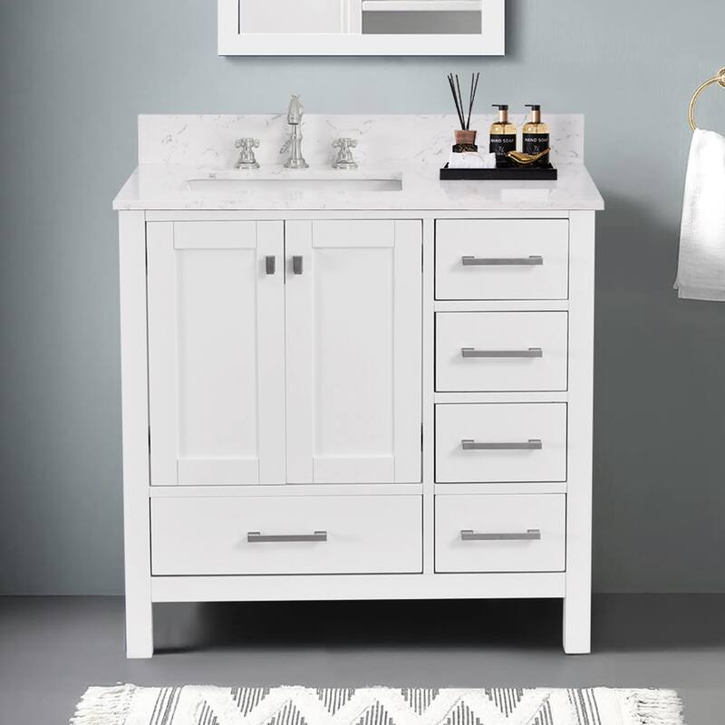 StarrySky 36 inch Undermount Left Sink Bathroom Vanity with Engineered Carrara Marble Top