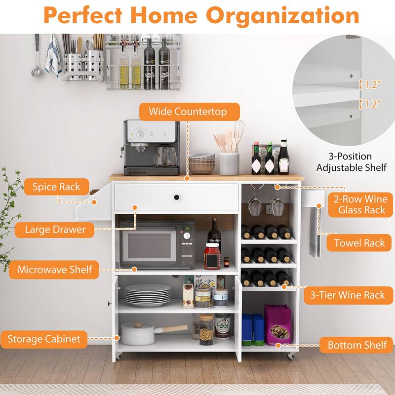 Gymax Kitchen Island Cart w/ Drop-Leaf & Power Outlet Microwave Shelf