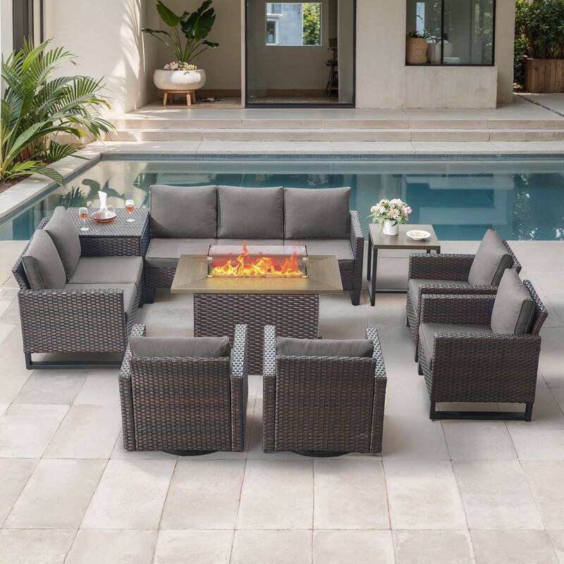 Gymojoy 9 Piece All-Weather Wicker Outdoor Patio Family Conversation Set Group With Fire Pit Table