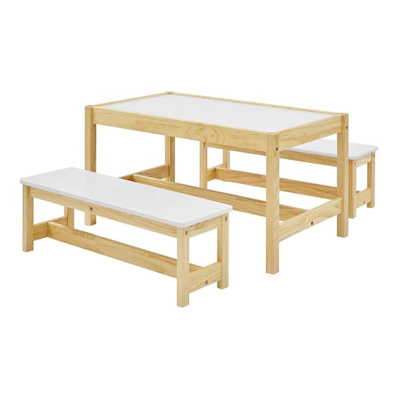 MUSEHOMEINC Wooden 3 In 1 Kids Toddlers Activity Play Table and Bench Chair Set - 35.43 x 21.02 x 19.02 inches