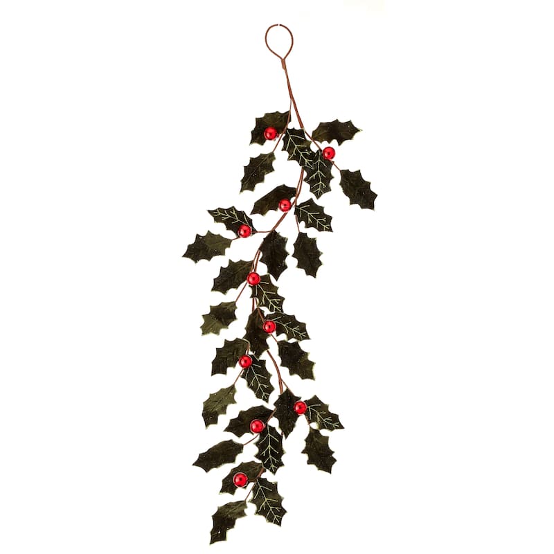 47" Velvet Holly Leaf Garland With Ball - 42