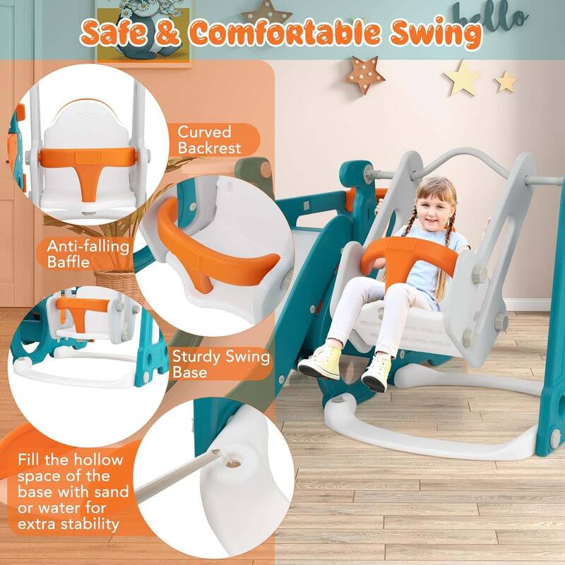 5-in-1 Baby Indoor Toddler Slide Set w/ Basketball Hoop & Swing