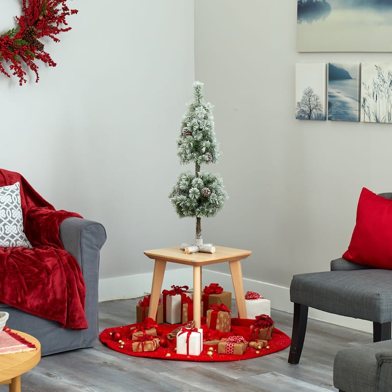 3ft. Flocked Topiary Artificial Christmas Tree with 50 Warm White LED Lights & Pine Cones - Festive Holiday X-Mas Accent
