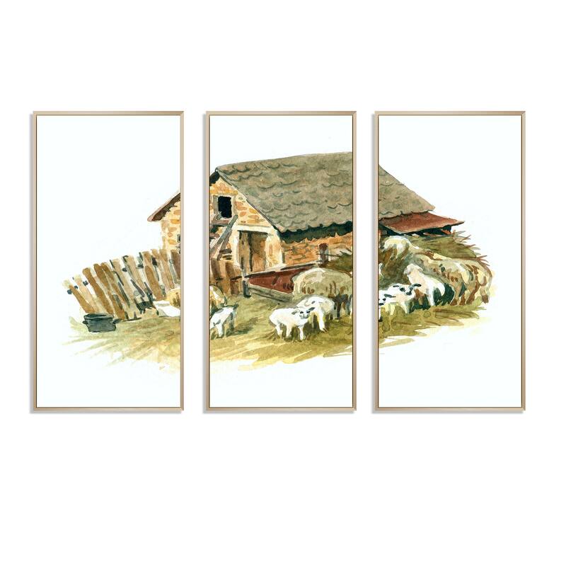 Designart "Old Farmhouse With Sheeps" Country Framed Art Set of 3 4