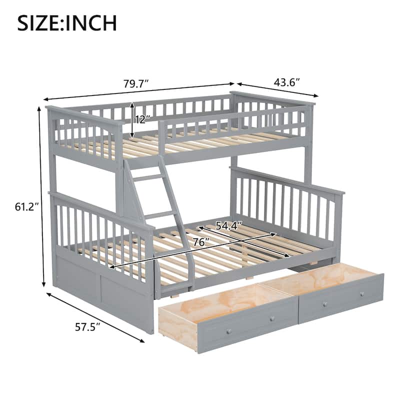 Twin over Full Wooden Bunk Bed with 2 Drawers