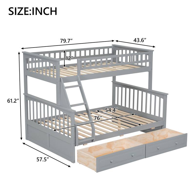 Wooden Storage Bunk Bed Frame with Fence-shaped Guardrails and Pull-out Drawers, Convertible 2 Platform Beds, Detachable Design
