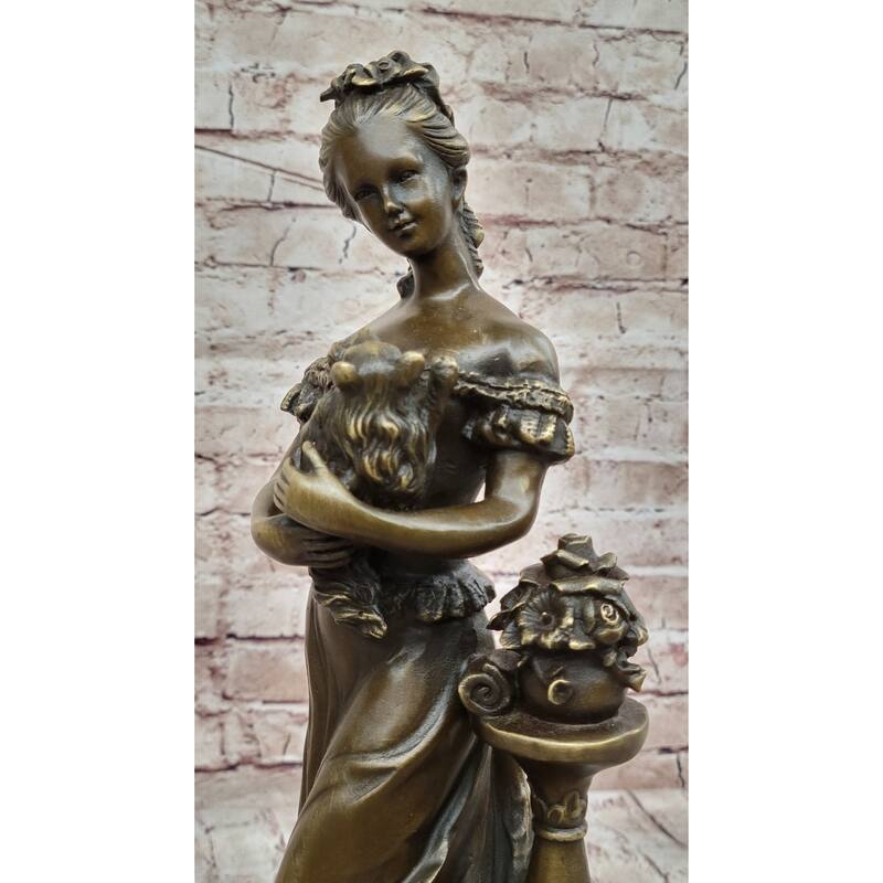 Victorian Edwardian Era European Young Woman Holding Puppy Imitative Dog - Bronze Sculpture By Milo
