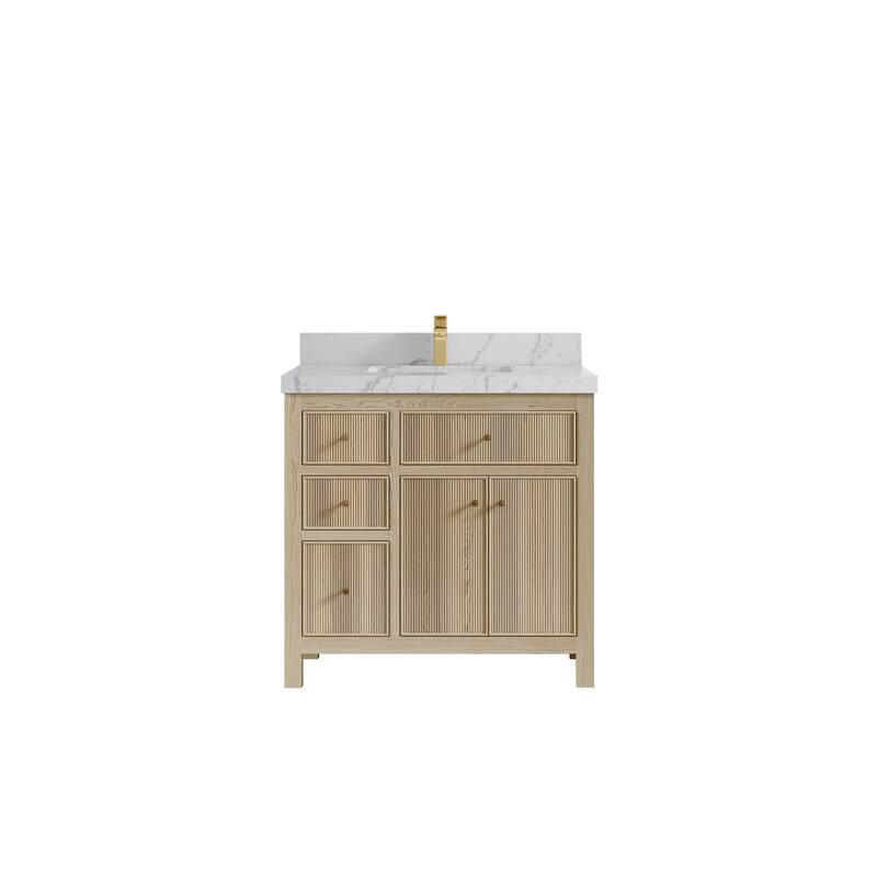 Willow Collections 36 x 22 Sonoma Oak Wood Center Sink Right Bathroom Vanity with Quartz or Marble Countertop