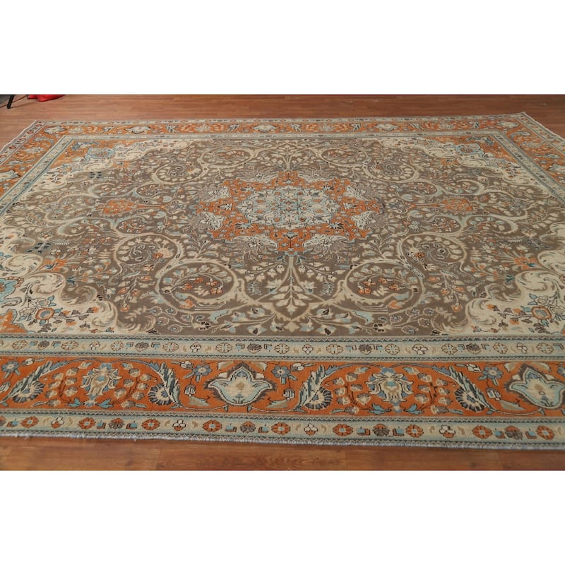 Brown Floral Tabriz Persian Area Rug Hand-Knotted Wool Carpet - 9'6"x 13'0"