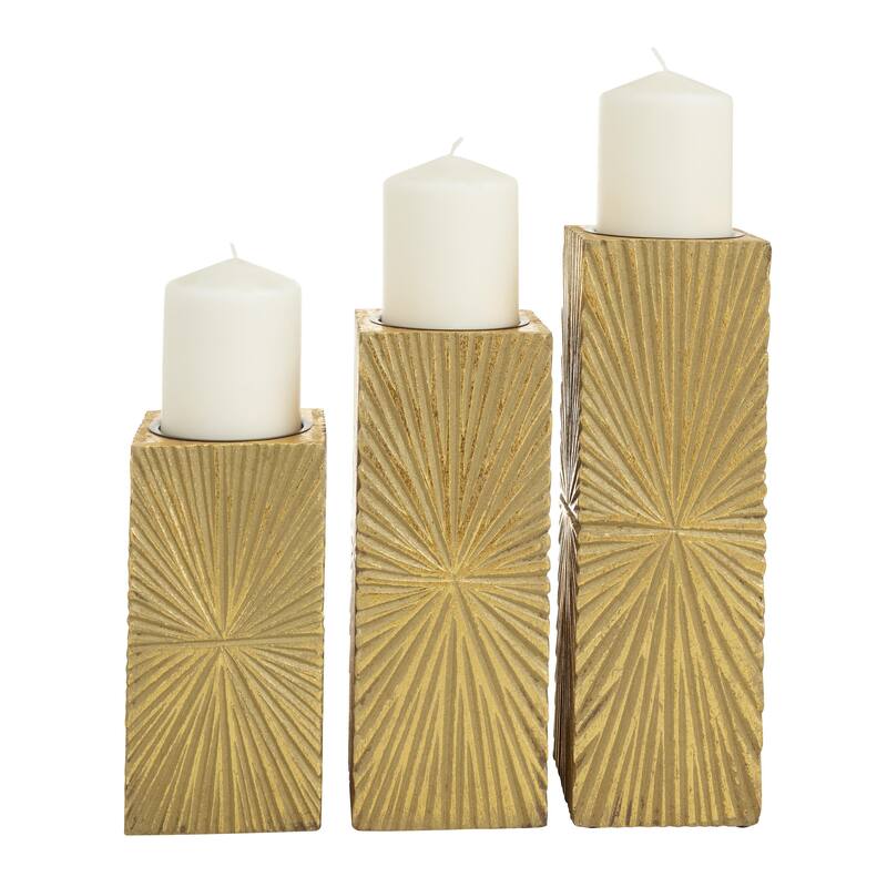 CosmoLiving by Cosmopolitan Gold, White or Black Wooden Carved Pillar Geometric Decorative Candle Holder (Set of 3)