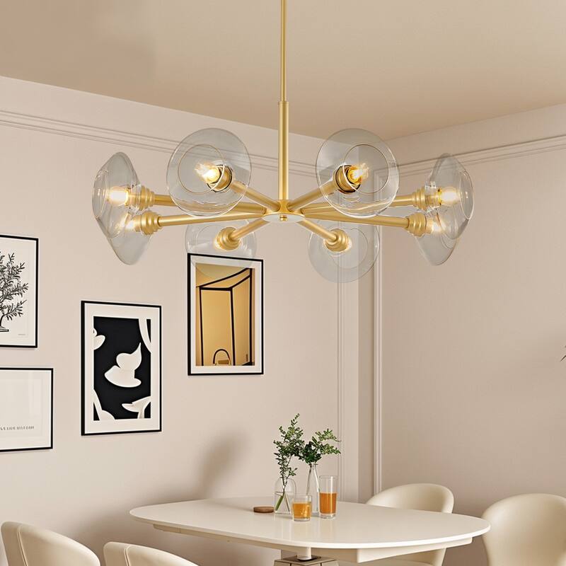 Mid-Century Hanging Pendant Light 8-Light Chandelier with Clear Glass Shades, for Dining Room, Living Room and Kitchen, Gold