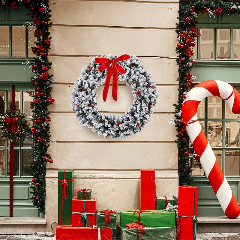 Pre-lit Snow Flocked Christmas Wreath, Lighted Artificial Xmas Wreath with Lights and DIY Ornaments, for Xmas Party Decorations - 48in