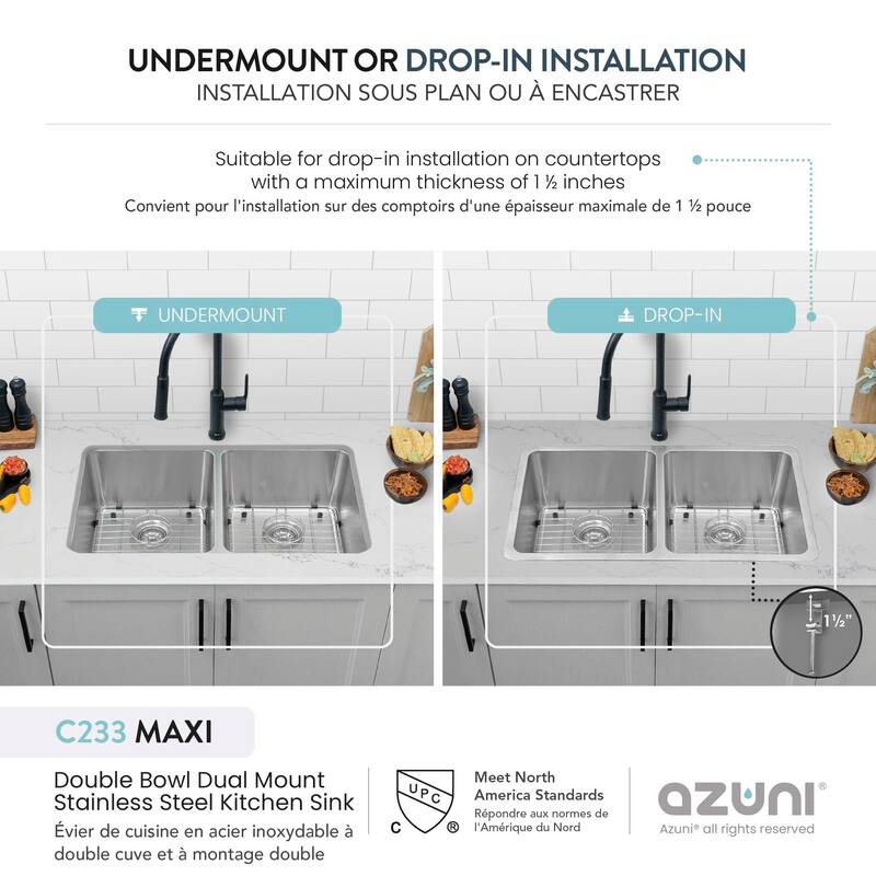 Maxi Dual Mount 32" Double-Bowl Stainless Steel Kitchen Sink C233 - 32" x 18" x 9"