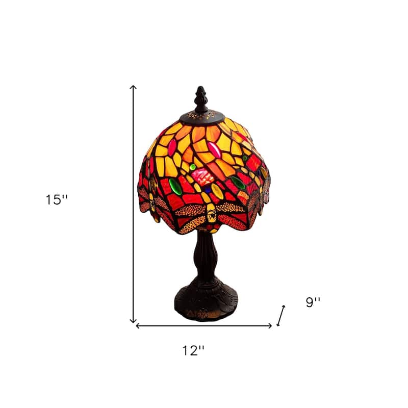 HomeRoots 15" Dark Brown Metal Candlestick Table Lamp With Red and Black Novelty Shade - 12' X '15' X '9