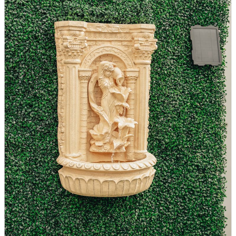 XBrand 30.3" Solar Pot Fountain, Tall Brown Maiden Holding Pot Wall Fountain, Outdoor Water Fountain, Polyresin