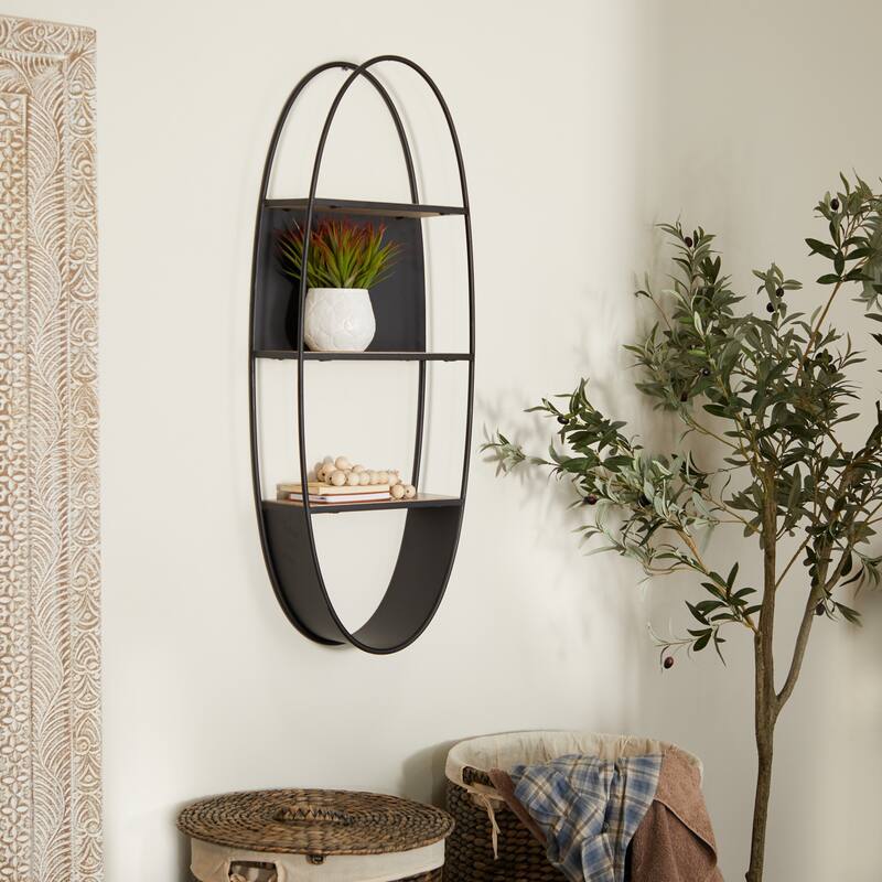 Metal Oval 2 Shelves Wall Shelf - Black - Roche River Decor - 6"W x 16"L x 40"H