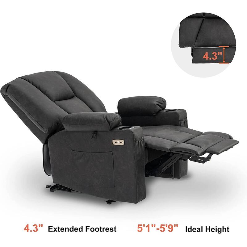 Mcombo Electric Power Recliner with Massage & Heat, Extended Footrest, 2 USB Ports, Side Pockets, Cup Holders, Faux Leather 8015