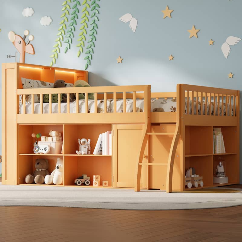 Kids Storage Low Loft Bed with LED Headboard Light, Dual Side Storage Shelves and Space Saving Under-Bed Storage - Natural - Full
