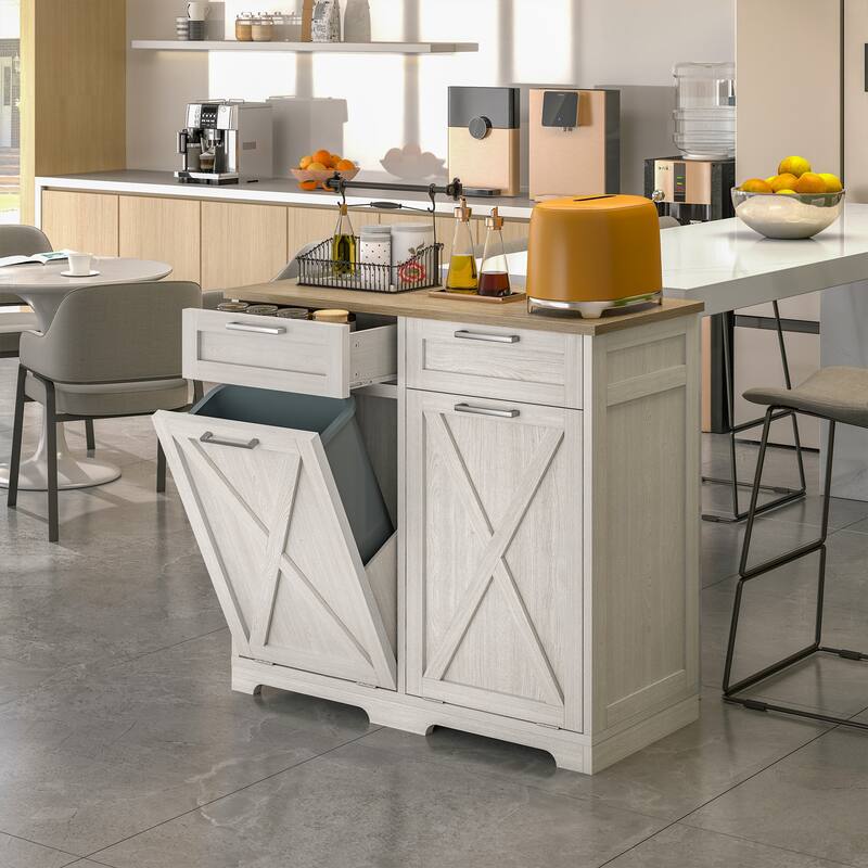 Kitchen Wooden Double Tilt Out Trash Can Cabinet with 2-Drawer Fits 10-Gallon Trash Cans - White