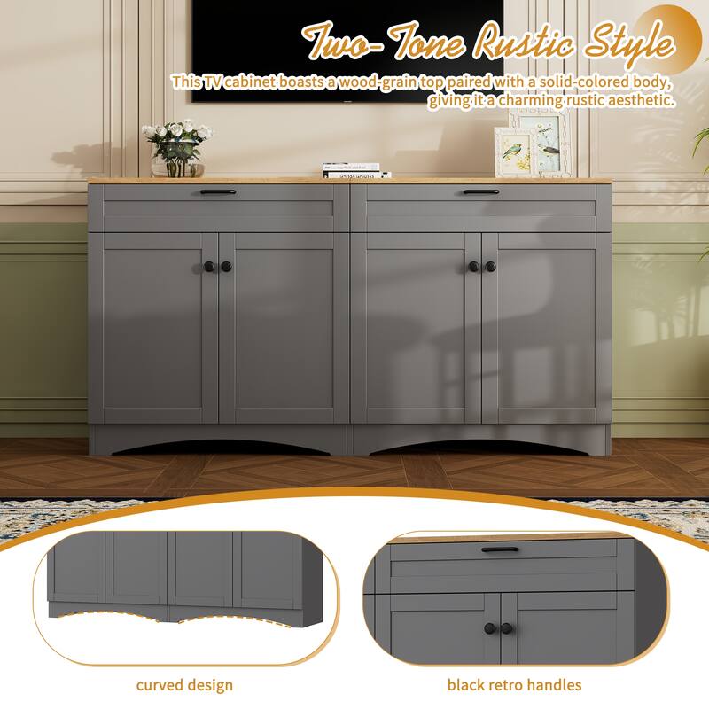 Farmhouse Style TV Stand Versatile Wood Grain Sideboard, for TVs up to 70 Inches with 2 Drawers, for Living Room/Bedroom, Grey