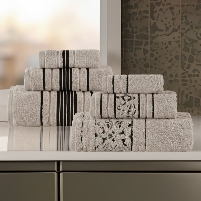 Superior Sadie Zero Twist Cotton Solid and Floral 6 Piece Towel Set - Stone