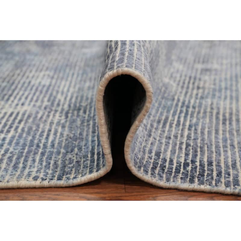 Hand Knotted Oriental Viscose Silk Carpet Modern All-Over Navy Blue & Blues Abstract Area Rug - 7' 8'' X 5' 6''