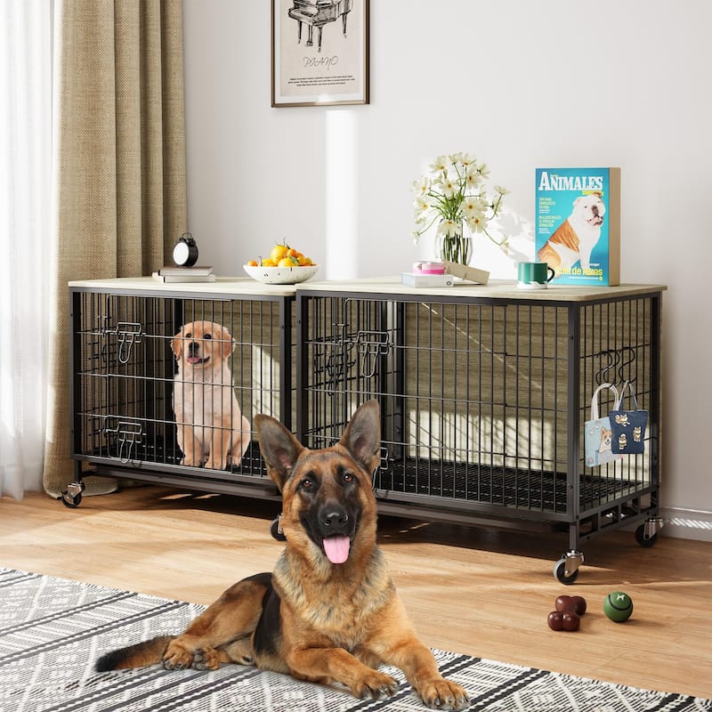 Dog Crate Furniture with Wheels, Indoor Kennel Table for Medium Dogs